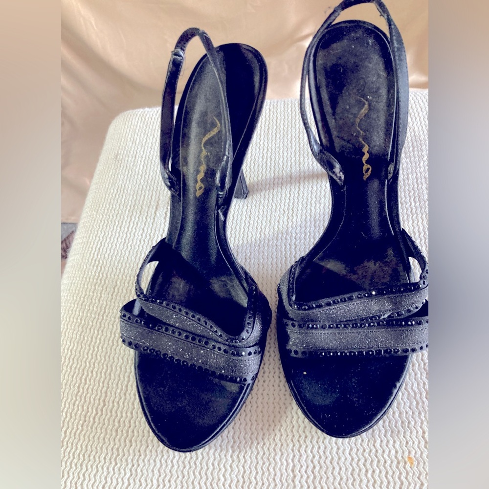 Black dressy sequins sling back stilettos, size 8